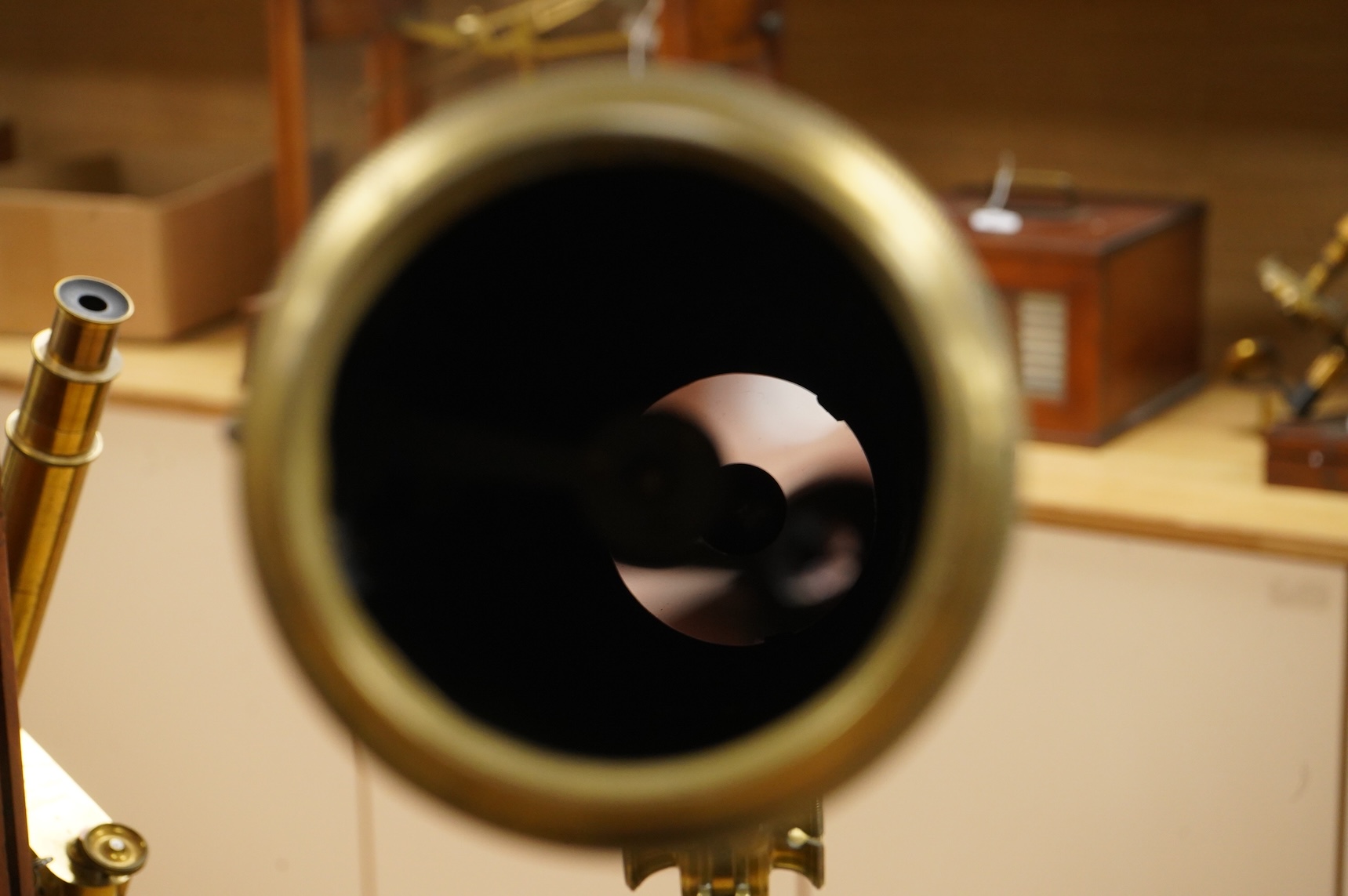 A mid 18th century brass compound monocular 4 inch diameter Gregorian reflector telescope, length 25inch, [parts of focusing mechanism modern, mirrors made in 1981 by Tony Jenner]